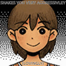 a picture of a cartoon character with the words shakes you very aggressively lovingly