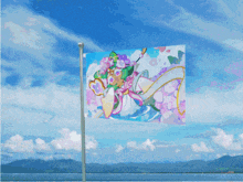 a flag with a picture of a girl with flowers on her head