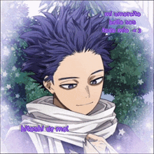 a drawing of a boy with purple hair and the words hitoshi de mel on the bottom