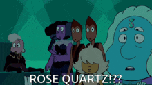 a group of cartoon characters standing next to each other with the words rose quartz written on the bottom