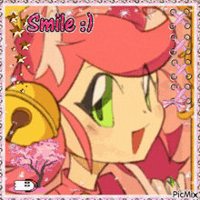 a picture of a girl with pink hair and green eyes with the words smile written on it