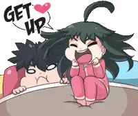 a girl is sitting on a bed next to a boy with a speech bubble saying get up