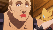a close up of a cartoon character with red lipstick on his lips