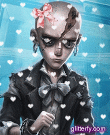 a person with a bow on their head is surrounded by hearts
