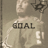 a picture of a hockey player with the word goal written on it