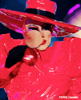 a woman wearing a red hat and a pink coat is featured on tumblr