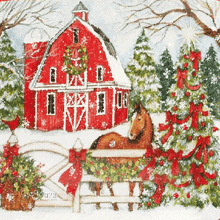 a horse sits in front of a red barn with a christmas tree in the background