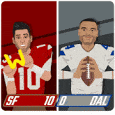 a drawing of two football players with sf 10 and dal written on the bottom