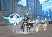 a group of anime characters standing on a sidewalk