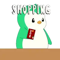 a green penguin holding a red agw card
