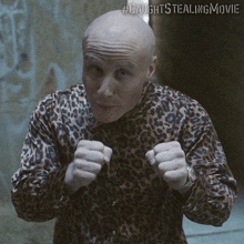 a bald man wearing a leopard print shirt is boxing with the hashtag #caughtstealingmovie