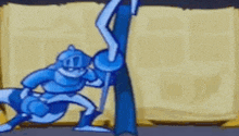a cartoon of a blue knight holding a sword in front of an open book .