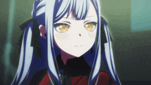 a girl with blue hair and yellow eyes is looking at the camera