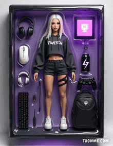 a doll with a hoodie that says twitch is in a purple box