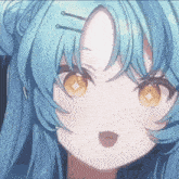 a close up of a blue haired anime girl with a surprised look on her face