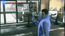 a man in a video game is holding a bottle of water in front of a sign that says poppro