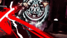 a video game character is holding a sword in front of a circle that says ' a ' on it