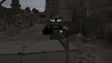 a video game character with a helmet on stands in a dark area