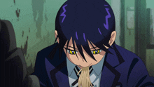 a person with a purple hair and yellow eyes is eating noodles