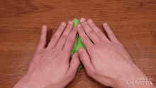 a person 's hands folding a piece of green paper with the words made in animatica below