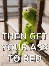 kermit the frog is sitting on a railing looking out a window .