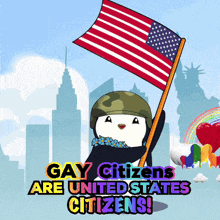 a cartoon of a penguin holding an american flag with the words gay citizens are united states citizens below it
