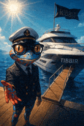 a frog in a captain 's uniform stands in front of a boat that says tibbir