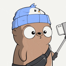 a cartoon bear wearing a blue hat is taking a selfie with a cell phone