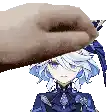 a pixel art of a hand touching a girl 's head with a feather .