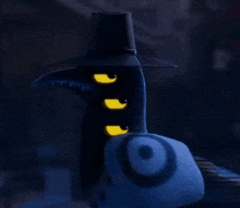 a cartoon character wearing a hat with yellow eyes looks at the camera