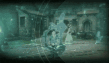 a blurred image of a house with a silhouette of a person in the foreground