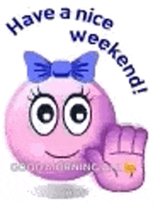 a purple smiley face with a blue bow on its head and a hand giving a high five .