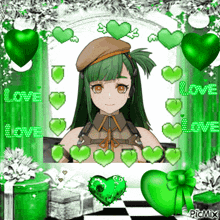 a girl with green hair is surrounded by green hearts and the word love on the bottom