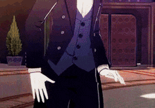 a man in a suit with white gloves is standing in front of a door .
