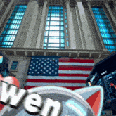 a cat 's ears are visible in front of an american flag and the word wen