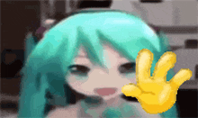 a pixel art of a girl with blue hair and a yellow hand giving a peace sign