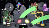 a cartoon shows a group of monsters playing drums and a clock with the number 1 on it