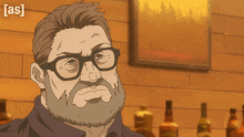 a man with glasses and a beard is drinking from a bottle with the letters [ as ] below him