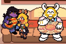 a pixel art drawing of a man standing next to a woman and a child .