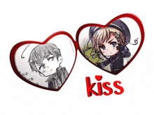 a couple of heart shaped frames with the word kiss on it