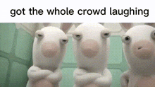 three stuffed animals are standing next to each other with their arms crossed and the words `` got the whole crowd laughing '' above them