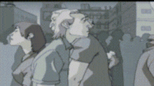 a group of people standing next to each other in a cartoon .