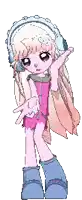 a pixel art of a girl with headphones on her head