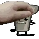 a pixel art of a person holding a cup with a face on it .