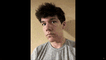 a young man with purple hair and a gray shirt looks at the camera