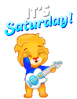 a cartoon cat holding a guitar with the words it 's saturday in the background