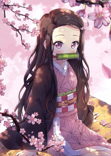 a girl in a kimono surrounded by pink flowers