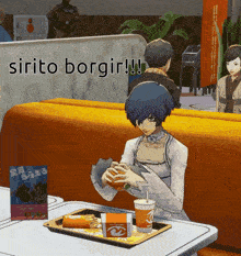 a video game character is sitting at a table with a tray of food and the words sirito borgir on the bottom