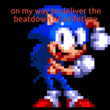 a pixel art of sonic the hedgehog with the words " on my way to deliver the beatdown of a lifetime "