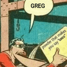 a cartoon of a man holding a piece of paper that says greg on it